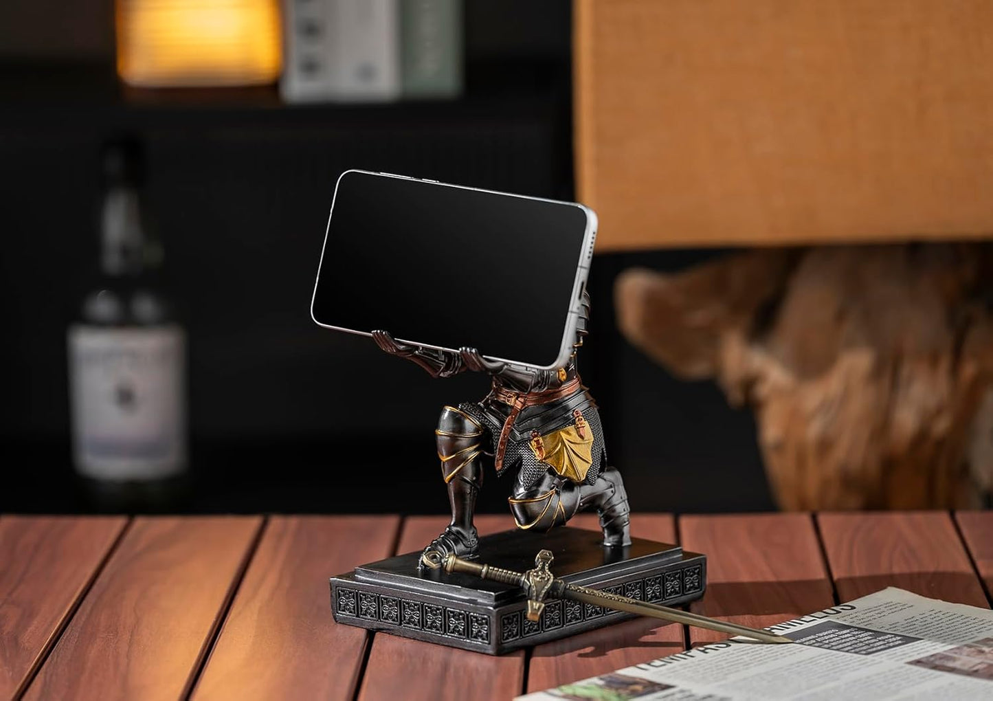 Medieval Armored Warrior Knight Pen Holder Desk Organizers and Accessories Resin Pencil Holder Paperweight as Gift with a Cool Letter Opener for Desk (Iron)