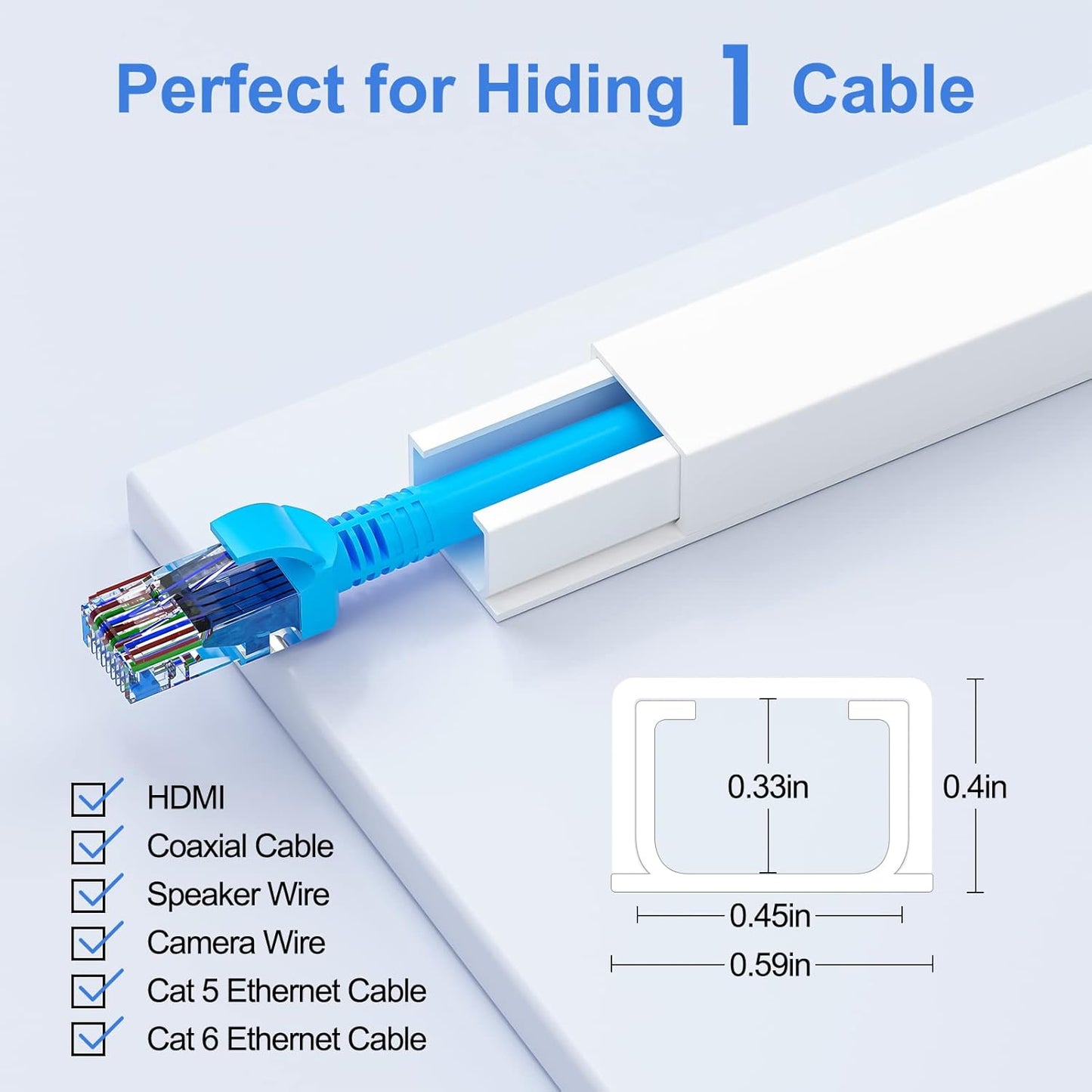 Yecaye Cord Hider, One-Cord 125in Cable Concealer, Cord Covers for Wires on Wall, Easy Install Cable Management Kit for 2 Small Wires, Cables Raceway Home Office, W0.59in H0.4in, White