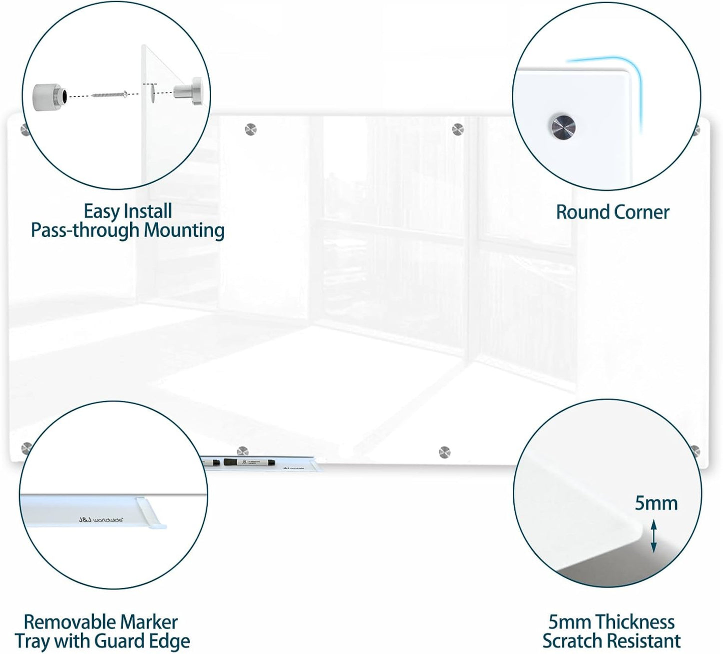 J&J worldwide Glass Whiteboard, Magnetic Brilliance White Glass Dry Erase Board 8' x 4', Includes Markers, Marker Tray, Eraser for Wall, Office, Home, School