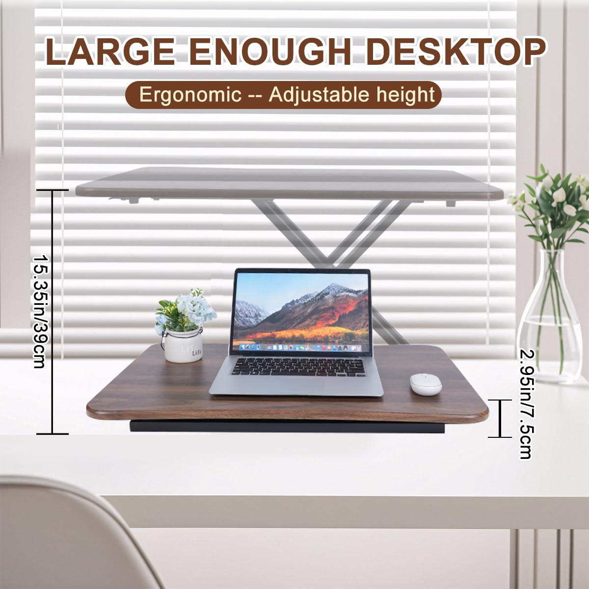 Adjustable Standing Desk Converter, 28.7“ Wide Tabletop Stand Up Desk Riser with Gas Spring, Desktop Stand Up Desk Fits Monitor or Laptop Riser Workstation, Fully Assembled Dark Walnut