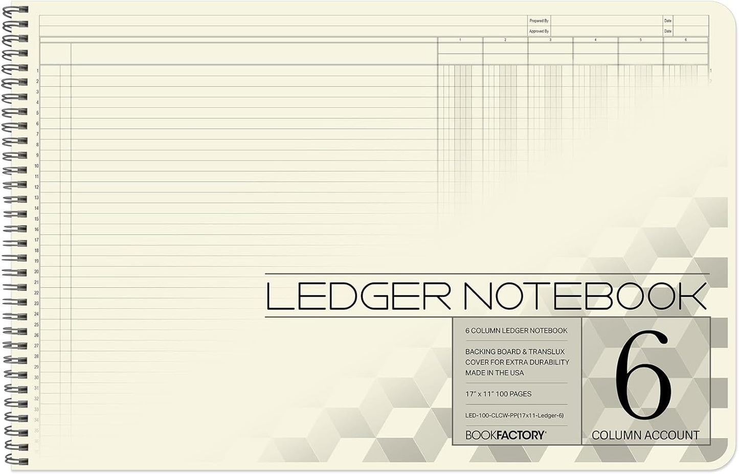 BookFactory Accounting Ledger Notebook/Large 6 Column Accounting Ledger Columnar (Six Columns) Log Book - 17'' x 11'', 100 Pages, Wire-O Landscape Format (LED-100-CLCW-PP(17x11-Ledger-6)-AX)