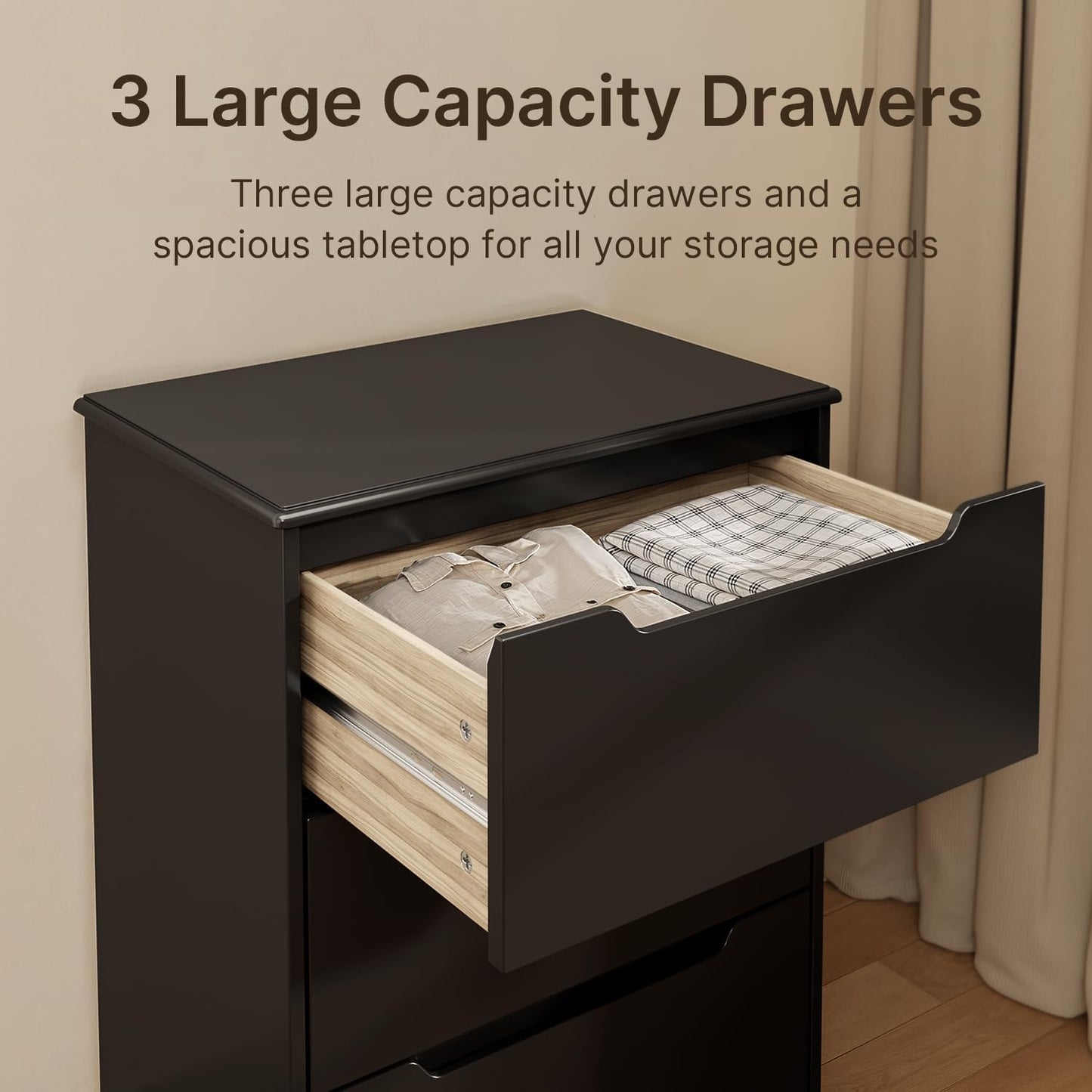 Gizoon 3 Drawer Chest, Chest of Drawers for Bedroom, Storage Organizer with Large Storage Space,Anti-Tip Device and Recessed Handles, Black