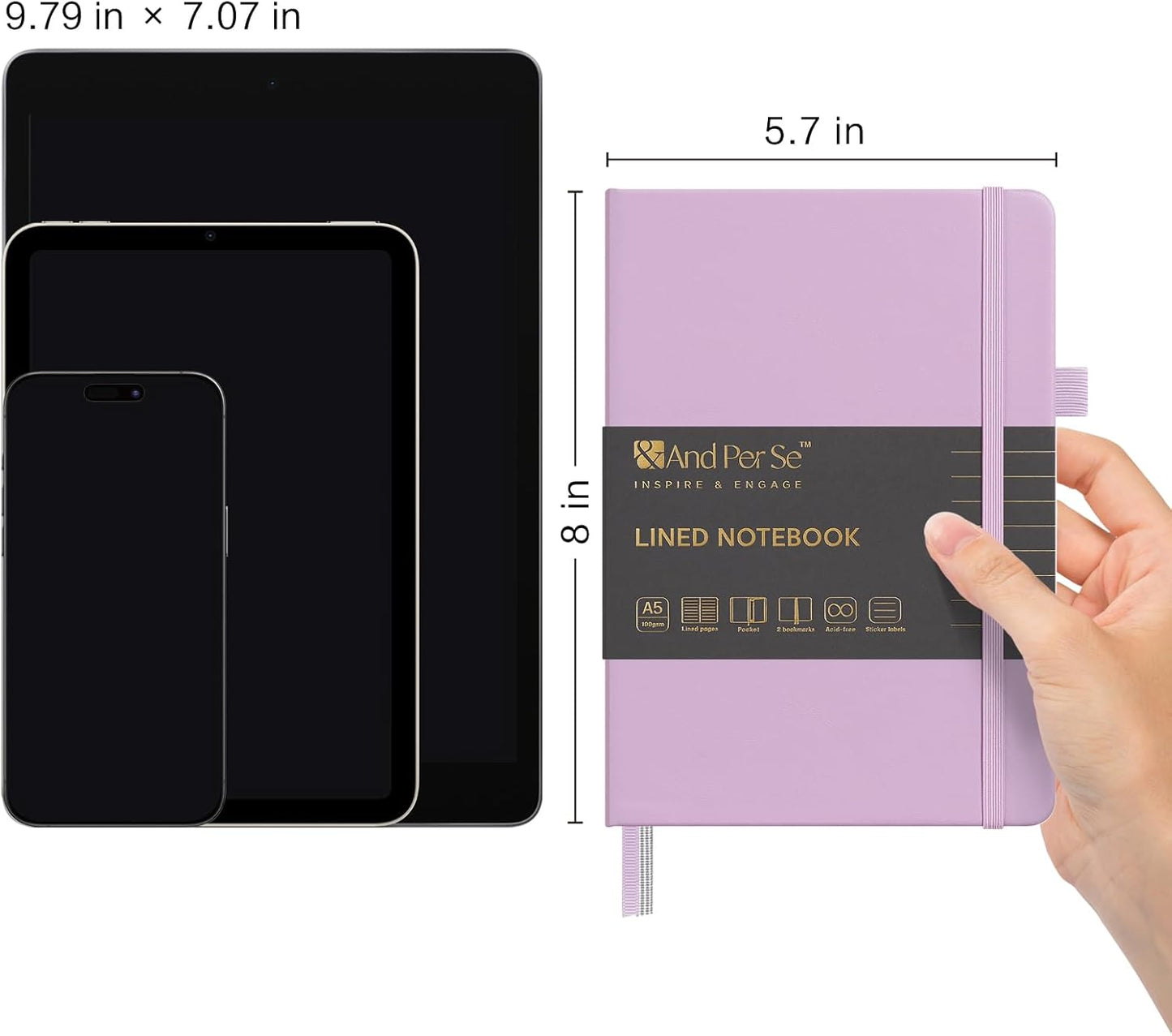 &And Per Se Lined Journal Notebook (5 Packs), 160 Pages, A5 5.7 x 8 inches College Ruled Thick Paper Notebook Journals for Writing, Hardcover Notebooks for Women Men Office School (Lavender)