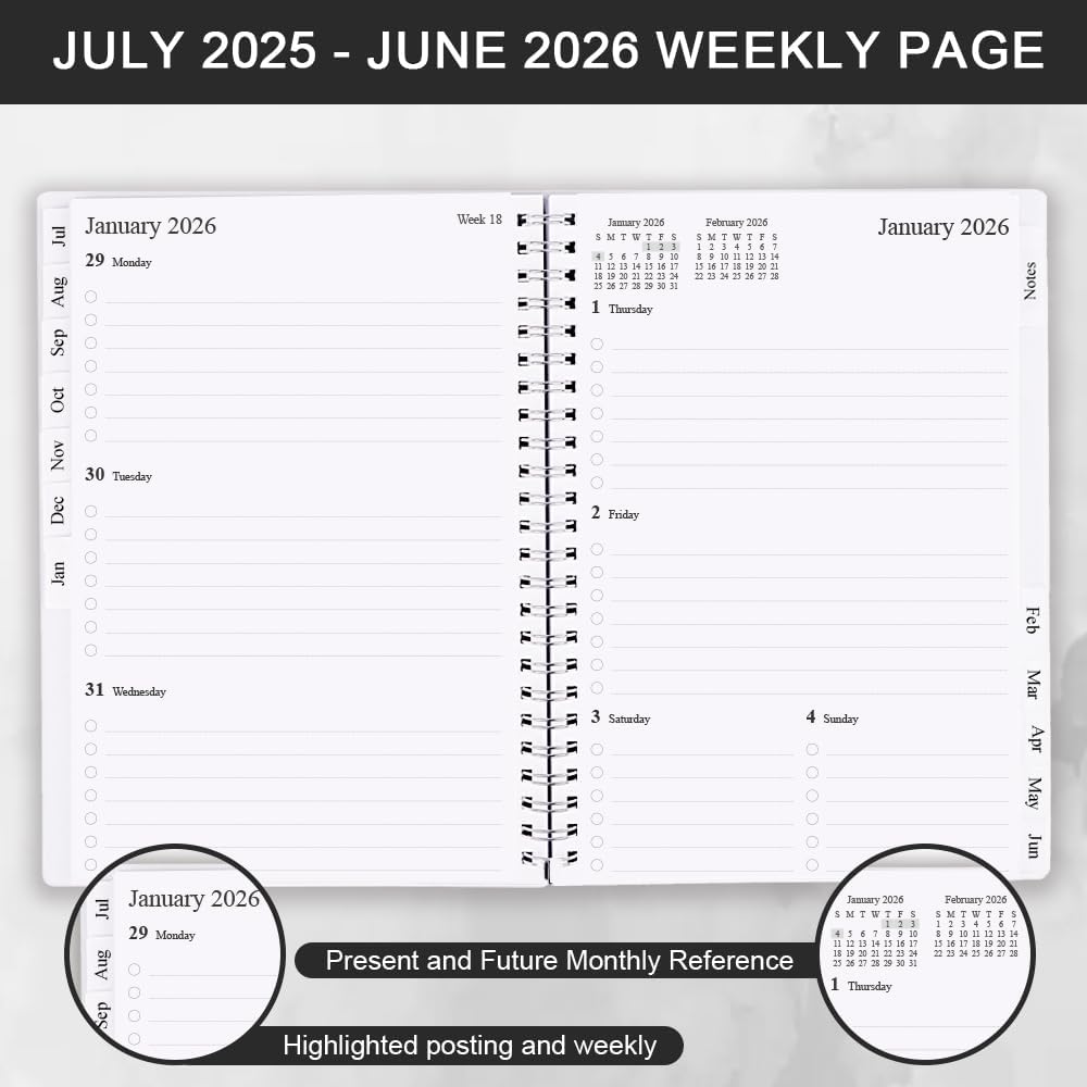 2025-2026 Planner - Monthly Planner Runs July 2025 to June 2026, 6.25" x 8.25", 12 Monthly Tabs, 14 Notes Page, Inner Pocket, Flexible Cover with Twin-Wire Binding, Planners 2025-2026, Black