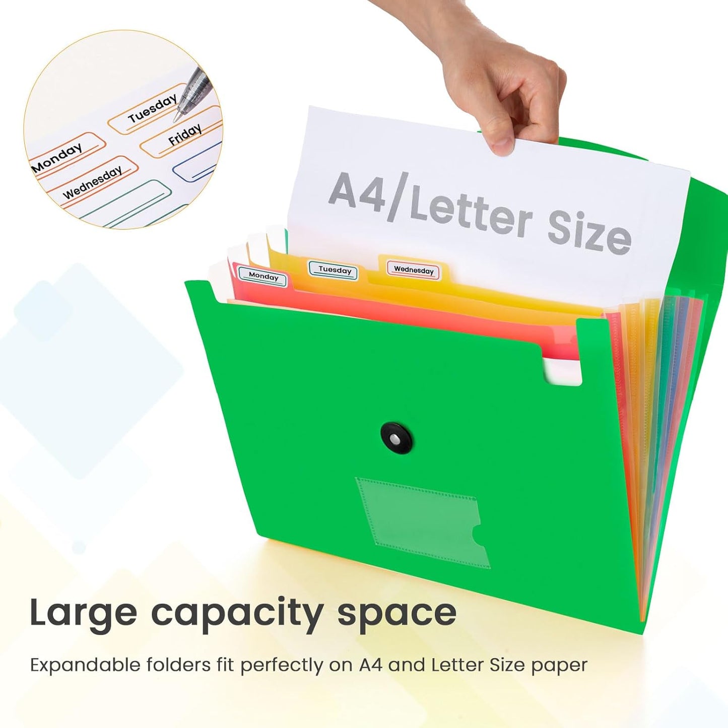 Accordion File Organizer, 7 Pockets Expanding File Folder with Labels, A4/Letter Size Portable Folders for Documents, Paper Organizer for School Office Supplies, Green
