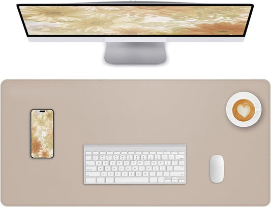 Leather Desk Pad Protector Large Mouse Pad, Stitched Locking Edge Laptop Computer Desk Mat Blotter, Non-Slip Waterproof Durable Writing Pad for Office and Home (Beige, 80 x 40cm)