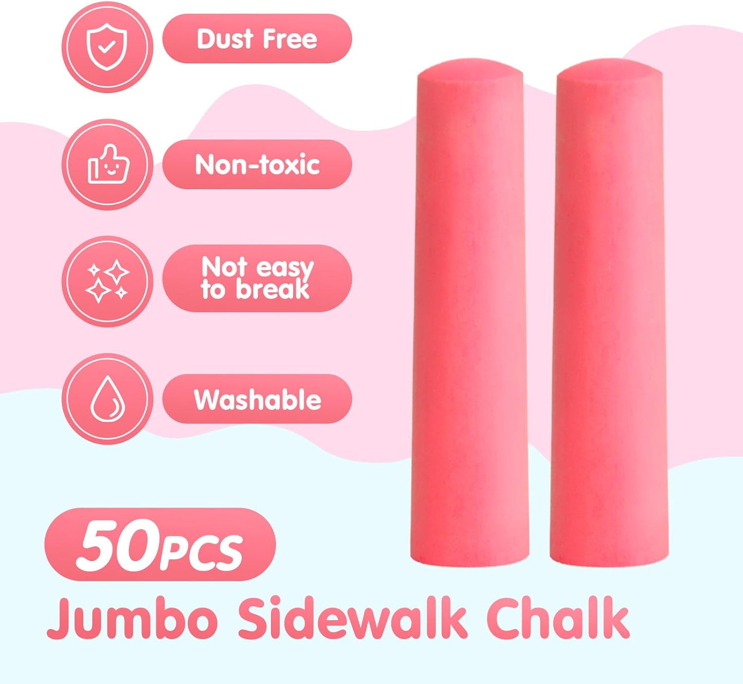 50 Pack Washable Sidewalk Chalks for Kids Non-Toxic Jumbo Chalk for Outdoor Art Play, Colored Chalk for Painting on Chalkboard, Blackboard and Playground (Red)