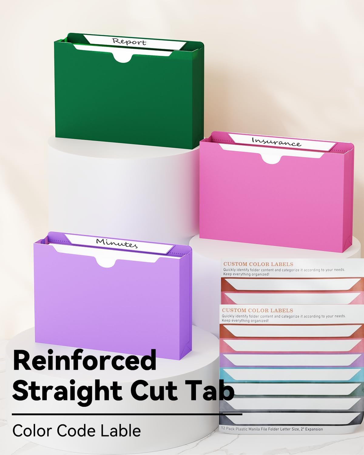 Ansook Plastic 2 Inch Manila File Jackets,Letter Size,Expanding File Jacket, Reinforced Straight Cut Tab,Heavy Duty 2 Inch Expansion Pocket,Poly File Jacket for Office,Home,12 Pack,Assorted Color