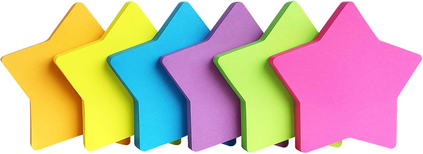 SIMONA Star Shape Sticky Notes 6 Color Bright Colorful Sticky Pad 75 Sheets/Pad Self-Sticky Note Pads (6 Pads)