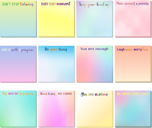 Zonon 12 Pieces Inspirational Sticky Notes 3 x 3 Inch Motivational Fun Notepads Positive Gifts for Teacher Nurse Coworkers Work Studying Supplies(Watercolor Style)