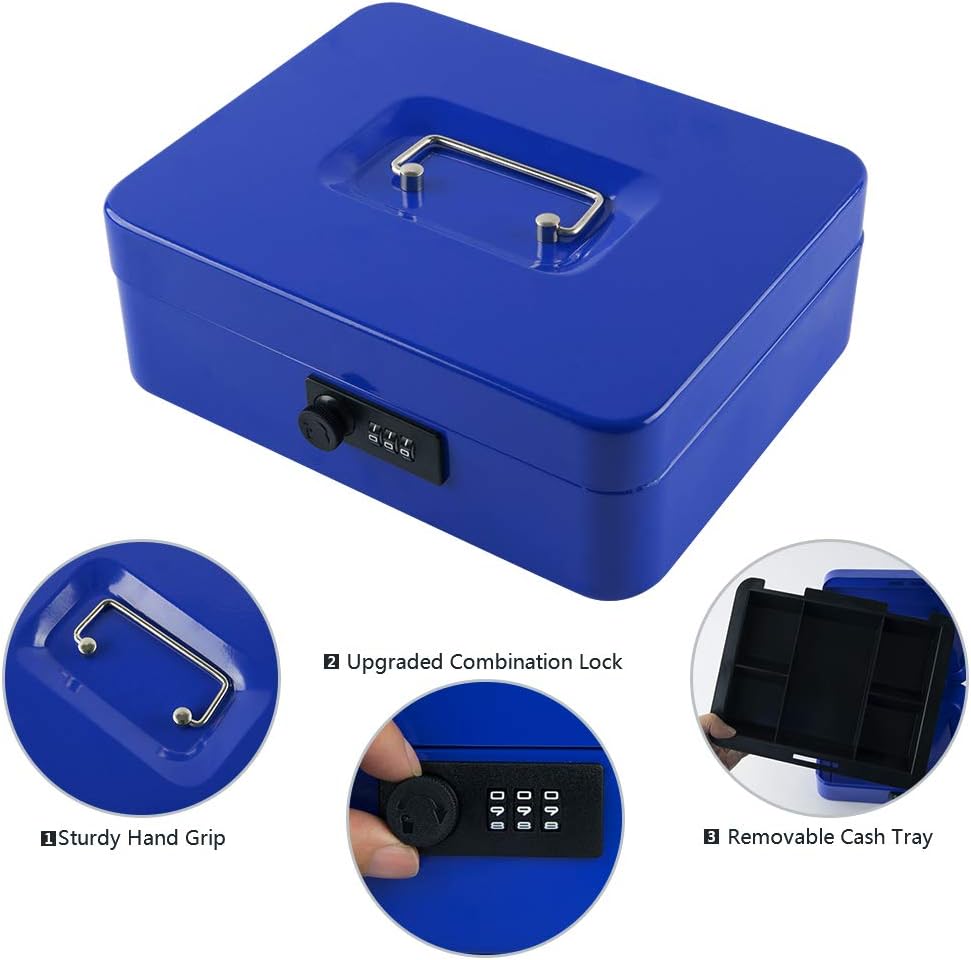 KYODOLED Large Cash Box with Combination Lock,Safe Metal Box for Money, Storage Lock Box with Money Tray,9.84"x 7.87"x 3.54" Blue Large