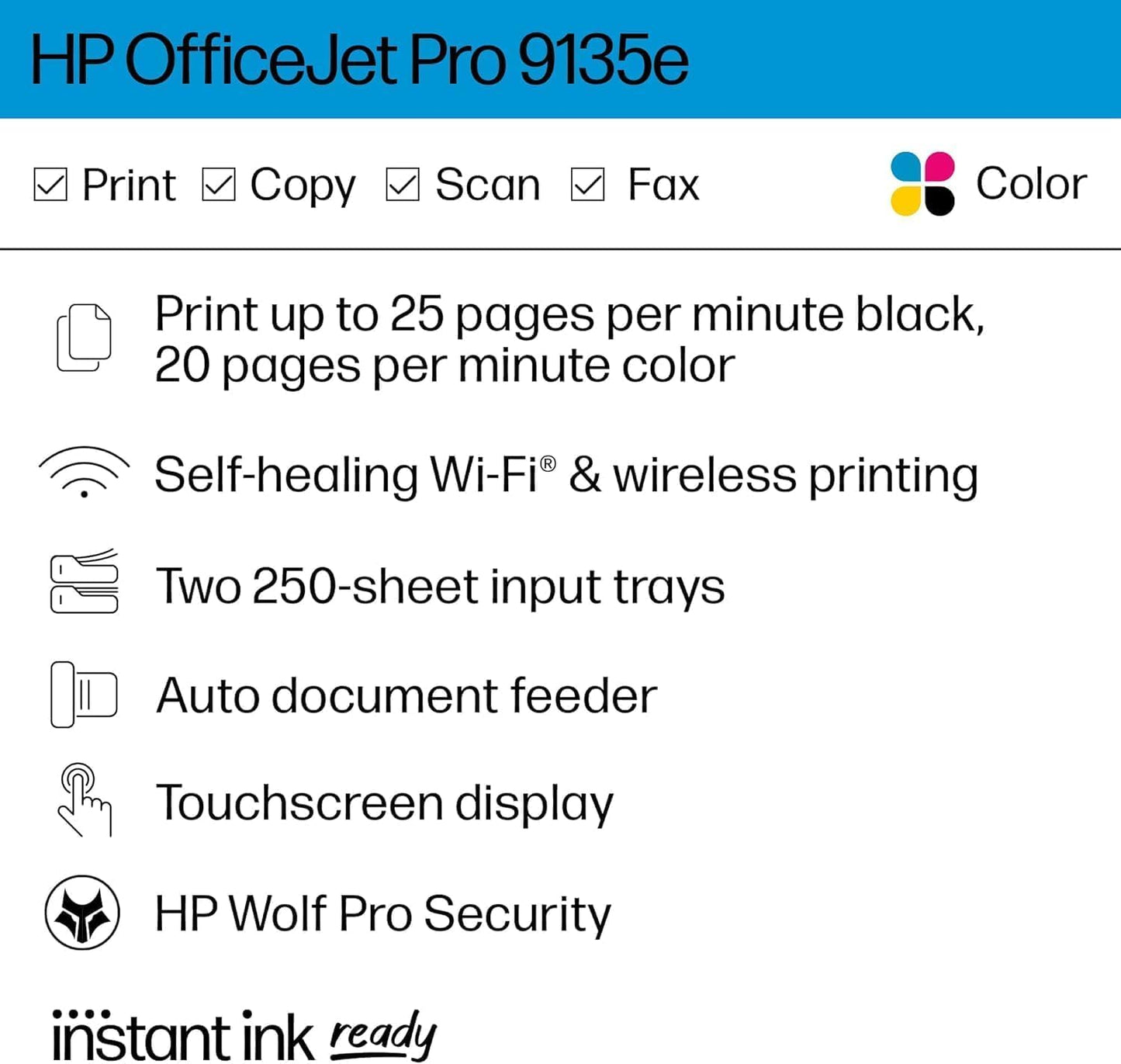 HP OfficeJet Pro 9135e All-in-One Printer, Color, Printer-for-Small Medium Business, Print, Copy, scan, fax, Wireless, 3 Months of Instant Ink Included; Two-Sided Printing; Two-Side (Renewed Premium)