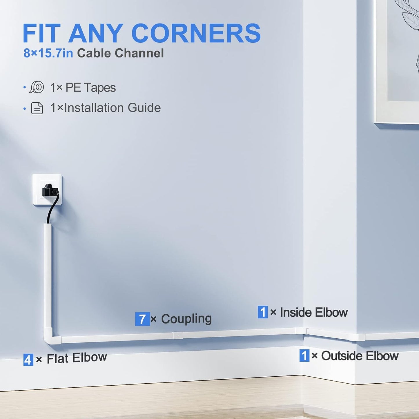 Yecaye Cord Hider, One-Cord 125in Cable Concealer, Cord Covers for Wires on Wall, Easy Install Cable Management Kit for 2 Small Wires, Cables Raceway Home Office, W0.59in H0.4in, White