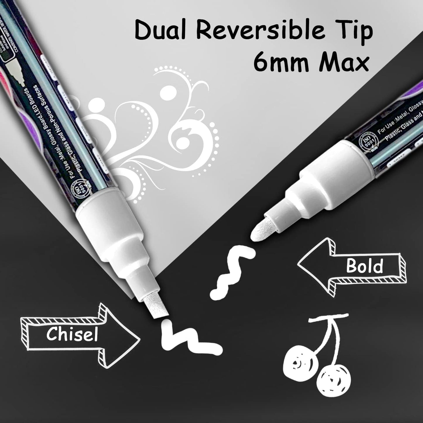 White Liquid Chalk Markers Set (8 Pack), 6mm Reversible Thick & Chisel Tip, Wet Erase Paint Pens for Non Porous Blackboard Chalkboard, Car Glass Windows, School Business Supplies