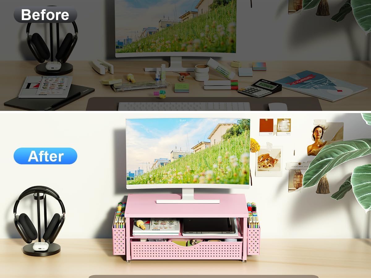 Desk Organizer and Accessories, Computer Monitor Stand Riser with Drawer and 2 Pen Holders, Office Desk Accessories & Workspace Organizers for Office Supplies (Pink)