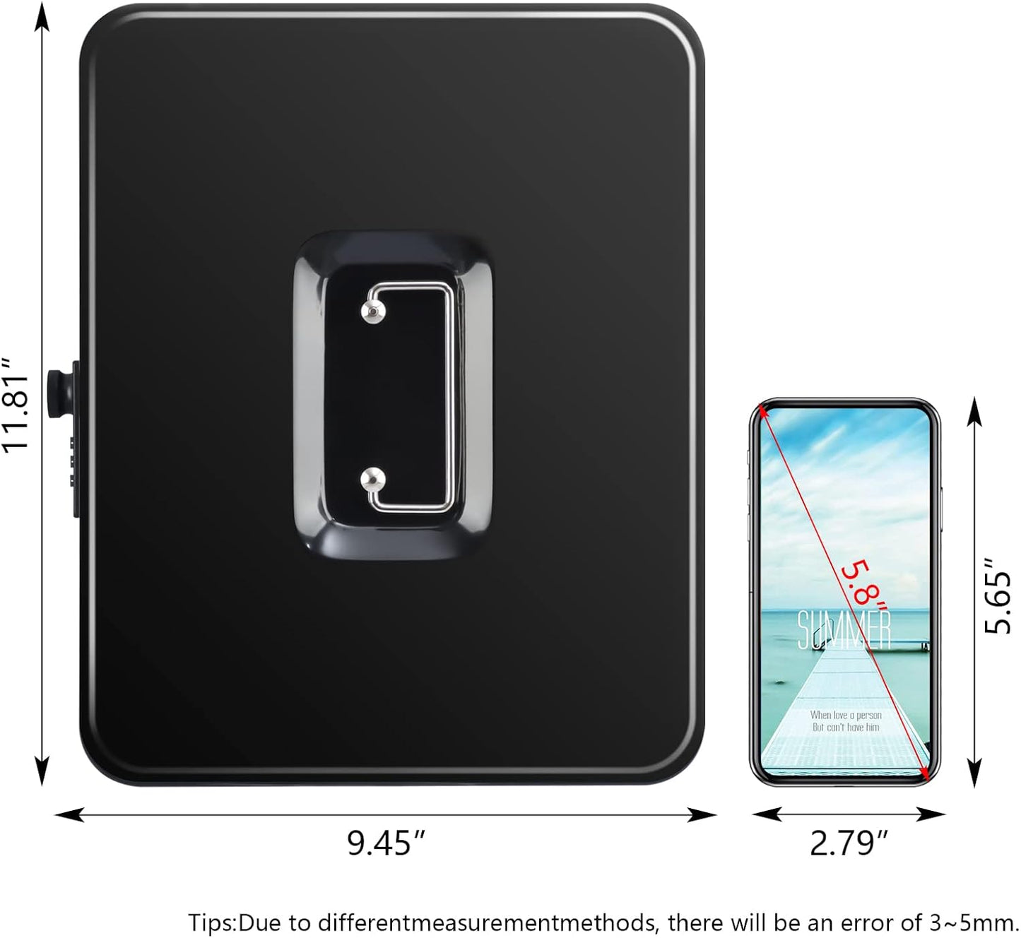 KYODOLED Metal Cash Box with Combination Lock Money Box for Cash Safe Metal Box with Money Tray for Security Lock Box 11.81"x 9.45"x 3.54" Black X Large