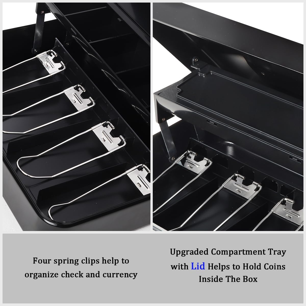 Jssmst Locking Cash Box with Money Tray and Lock, Money Lock Box with Coin Lid, 11.8L x 9.5W x 3.5H Inches, Safe Money Box with Key Lock, Black, SM-CB0511B