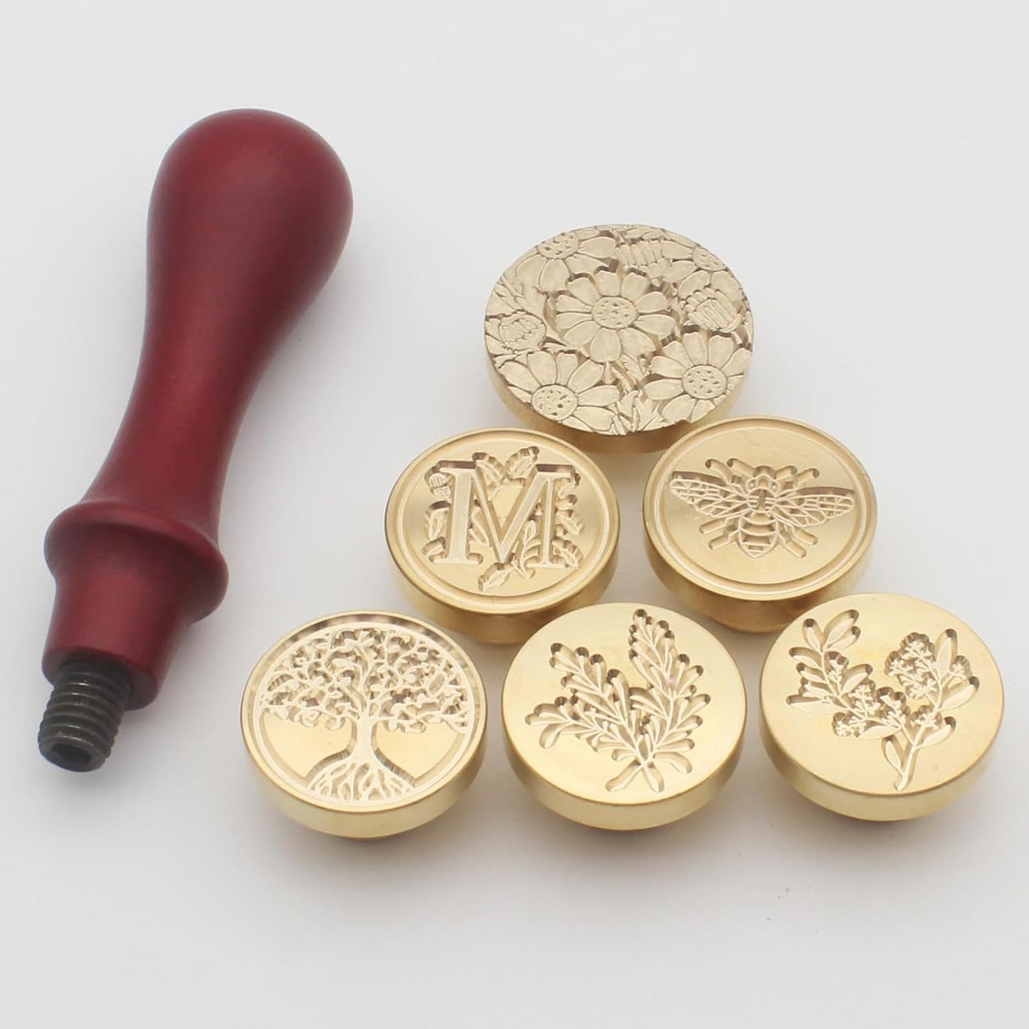 Wax Seal Stamp Set - 6 Pcs Botanical Copper Seals, 1 Wooden Hilt, Kit Including Eucalyptus, Bee, Daisy, Rosemary, Tree Life, Letter M Patterns