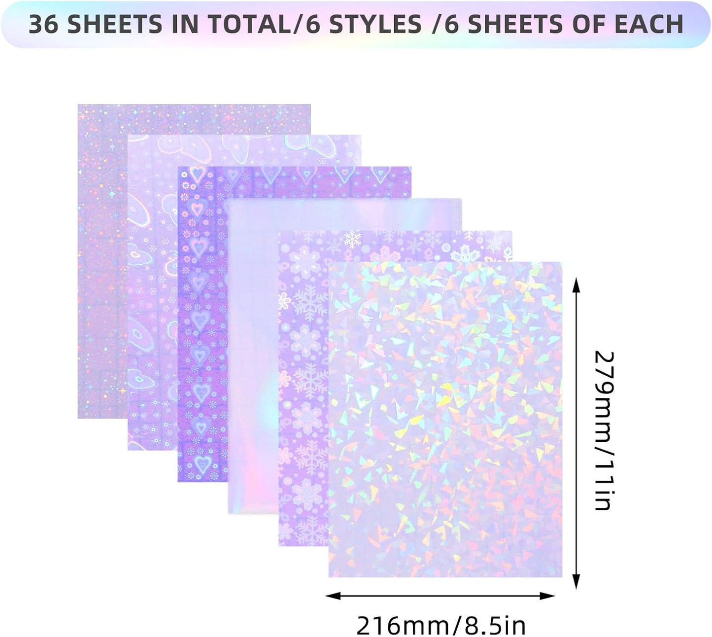 36 Sheets Holographic Sticker Paper, Clear Vinyl Sticker Laminate Film Self-Adhesive, Transparent Overlay Lamination Sticker Paper Waterproof, 6 Patterns-8.5x11 Inch