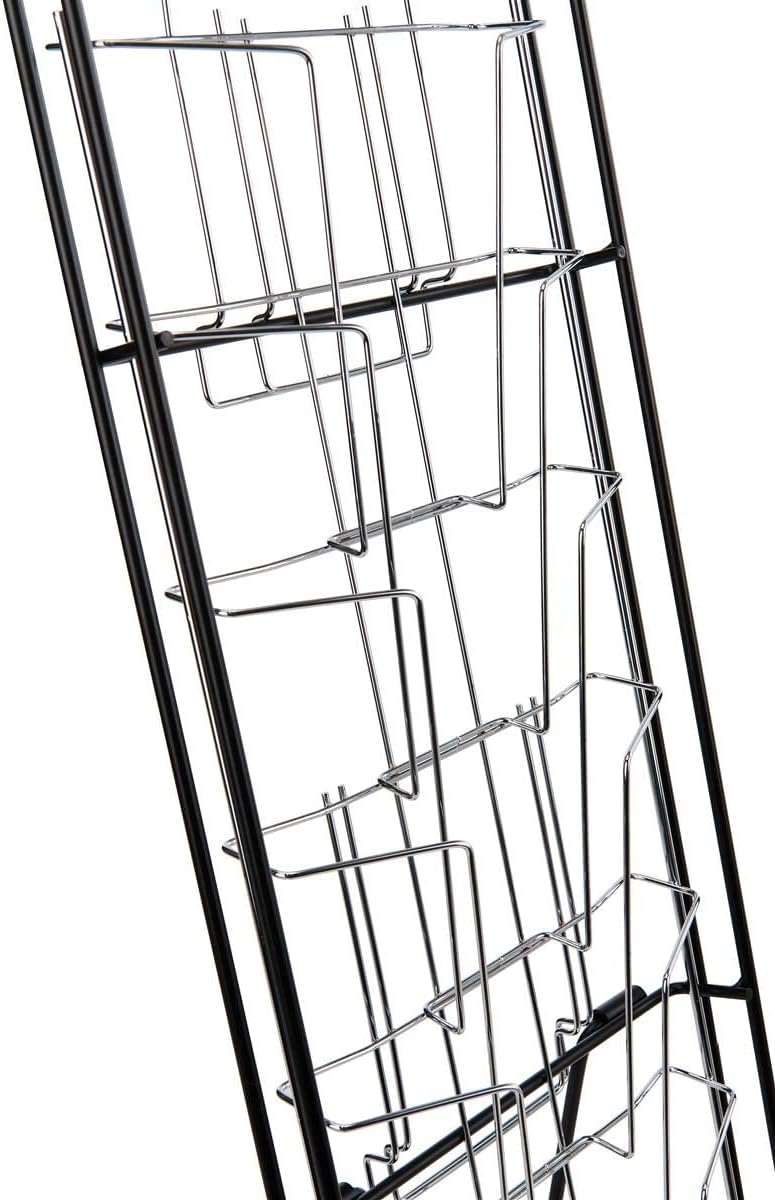 Portable Magazine Rack with 10 Pockets for 8.5x11 Catalogs, Carry Bag Included, 54"h Floor-Standing Literature Display with Tiered Design, Steel (Black)