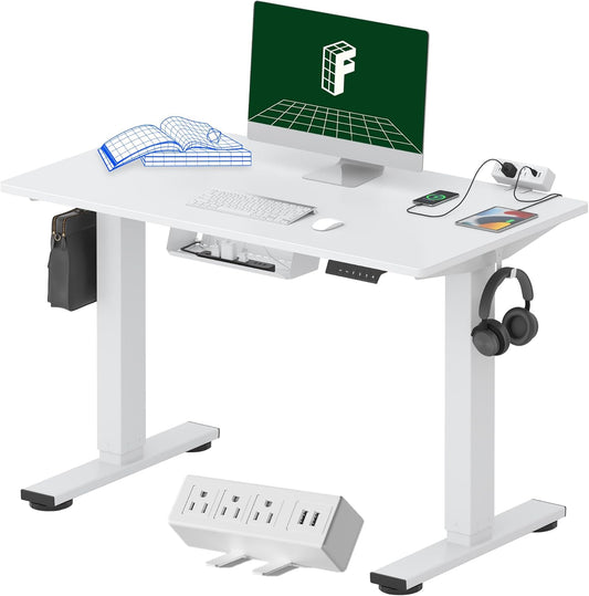 FLEXISPOT EN2 Whole-Piece Standing Desk with Clamp Power Strip, 40 x 24 Electric Stand Up Height Adjustable Desk with Cable Management (White Frame + 40" White Top)