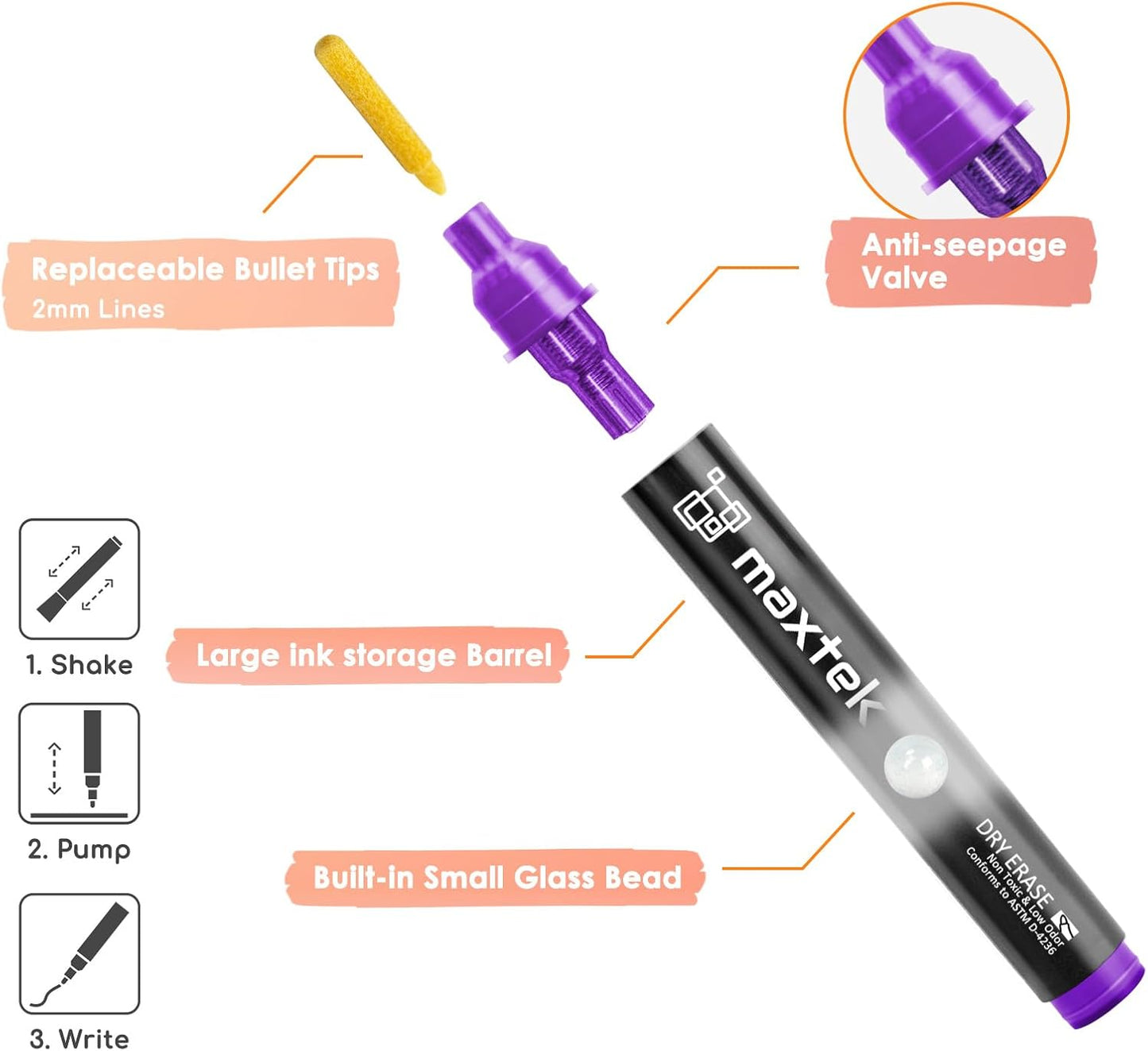 maxtek Dry Erase Markers, Bullet Tip Glass Whiteboard Markers, Neon Colors, 6 Count White Board Dry Erase Pens