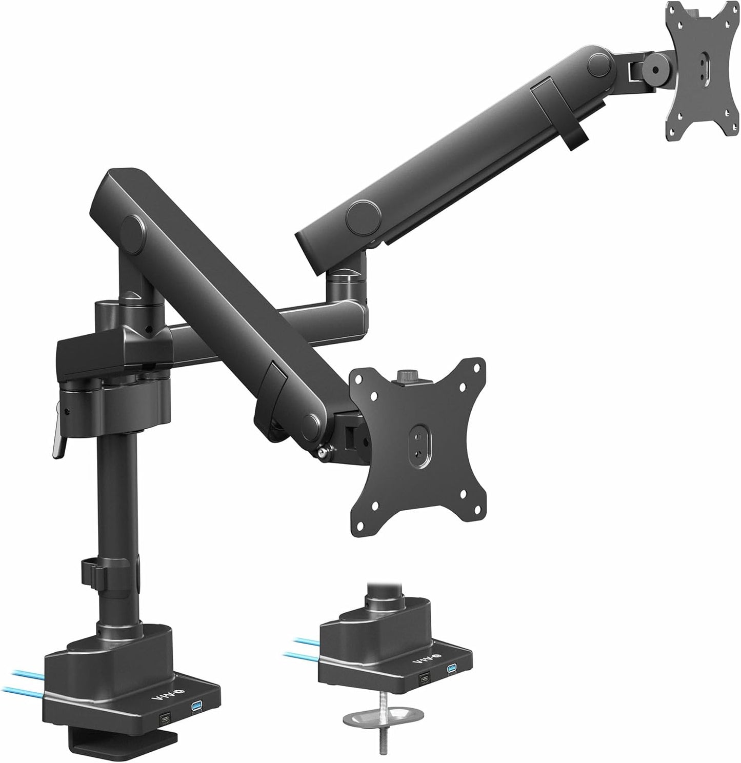 VIVO Premium Aluminum Full Motion Dual Monitor Desk Mount Stand with Lift Engine Arm, Pole Extension, and USB Ports, Fits Ultrawide Screens up to 40 inches, STAND-V102BDU