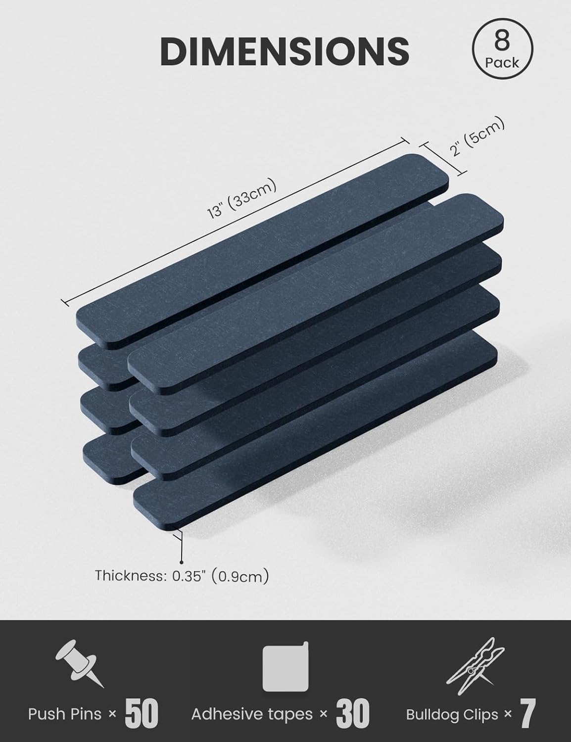 Cork Board Alternative Felt Strip Board 8-Pack 13"x2", Office Pin Board with 50 Push Pins, Adhesive Install for Bedroom Door & Home Office(Deep Charcoal Blue)