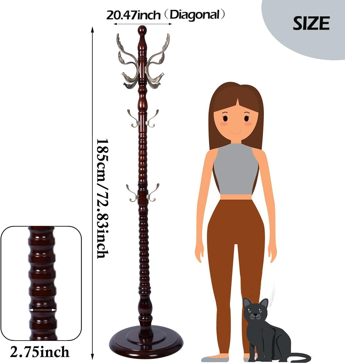 Coat Racks Free Standing with 14 Hooks, Natural Wood Coat Stands for Entryway, Adjustable Height 73 in Tree Coat Rack Stand for Hallway Home Office Bedroom (Mahogany metal)