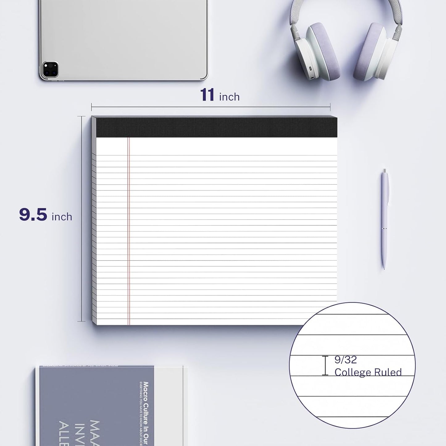 5 Pack Wide Legal Pads 11" x 9.5" Landscape White Pink Purple Blue Green College Ruled Note Pad Narrow Ruled 30 Sheets per Notepad Perforated Writing Paper Thick Backboard Horizontal Pads of Paper