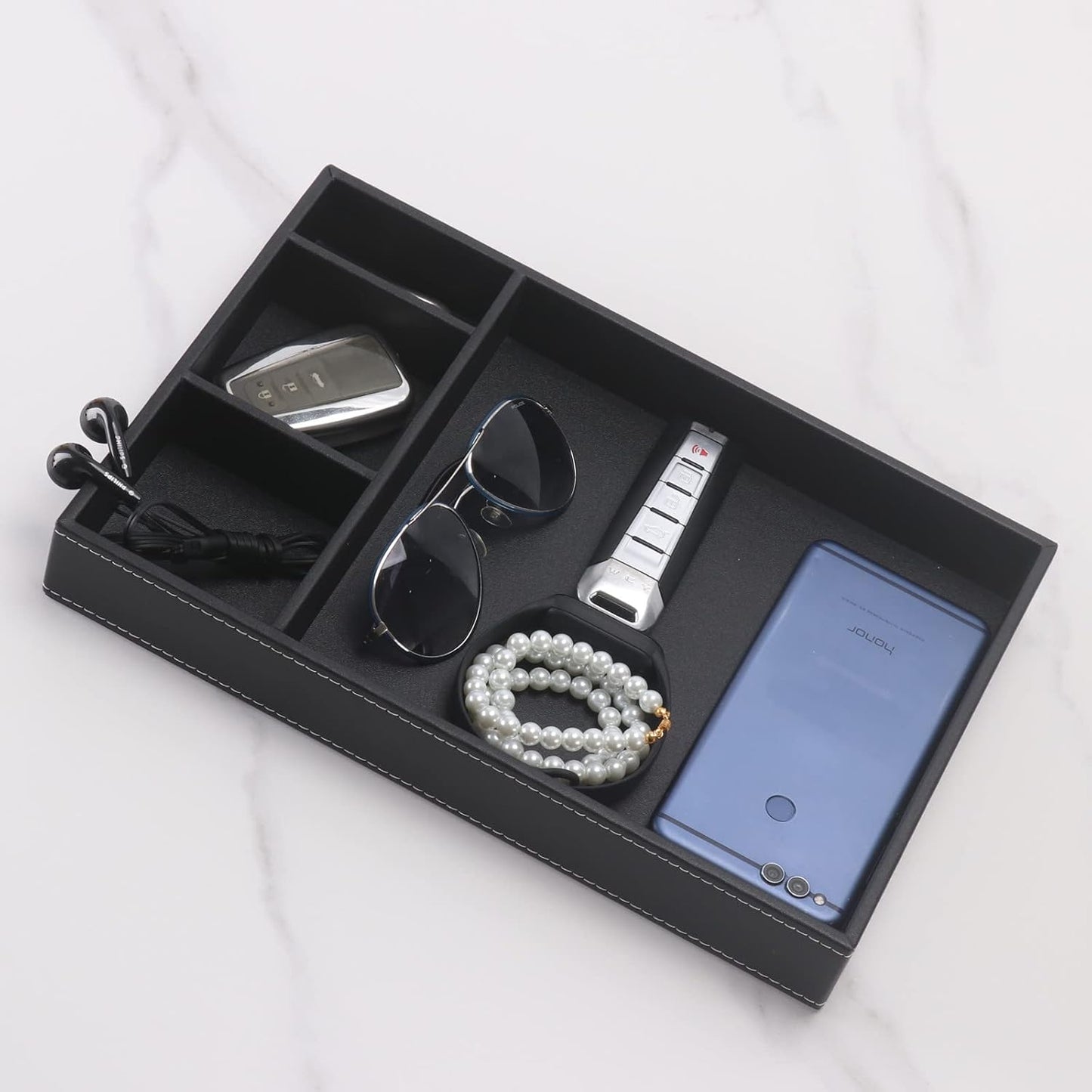 Guestroom Decoration Tray, Nightstand or Dresser Organizer, Valet Tray, 4 Compartment PU Leather Drawer Storage Organizer