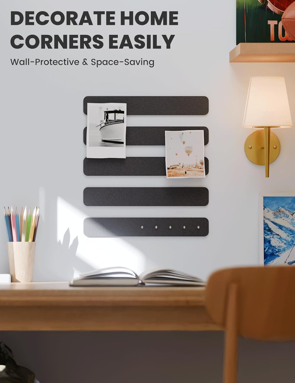 Cork Board Alternative Felt Strip Board 5-Pack 13"x2", Office Pin Board with 35 Push Pins, Adhesive Install for Bedroom Door & Home Office(Black)