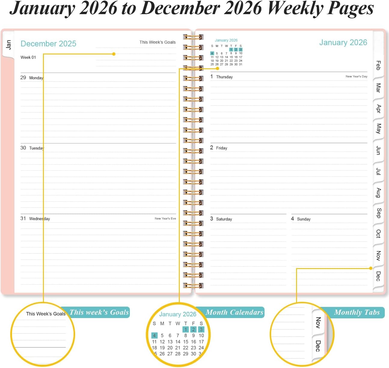 2026 Planner - Weekly and Monthly Calendar Planner from Jan 2026 - Dec 2026, Planner 2026 Spiral Bound with 12 Monthly Tabs, Inner Pocket, Perfect for School Office Supplies, 6.4" x 8.5", Pink