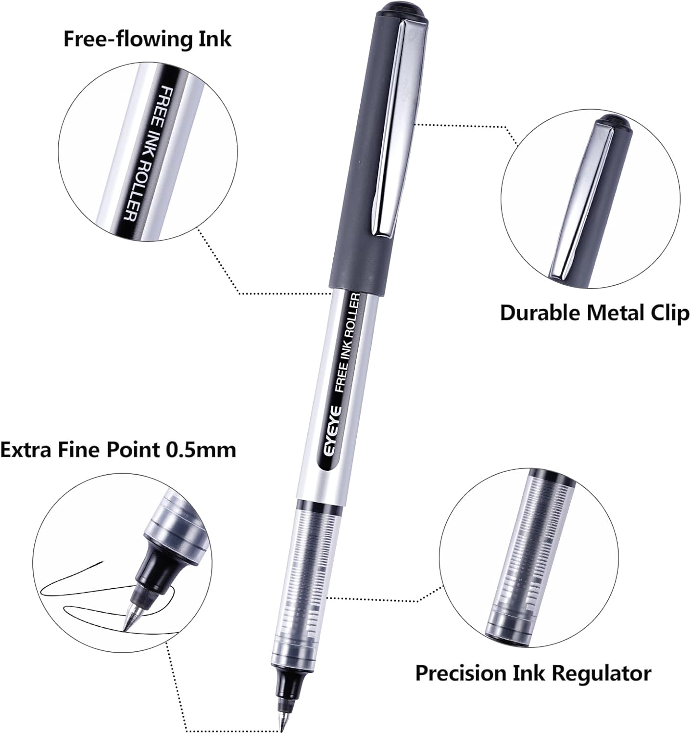 EYEYE Rollerball Pens 0.5mm Black 50 Pack, Extra Fine Point Quick Dry Liquid Ink Roller Ball Pens Fine Point Smooth Writing Pen for Journaling, Note Taking, Office, School Supplies