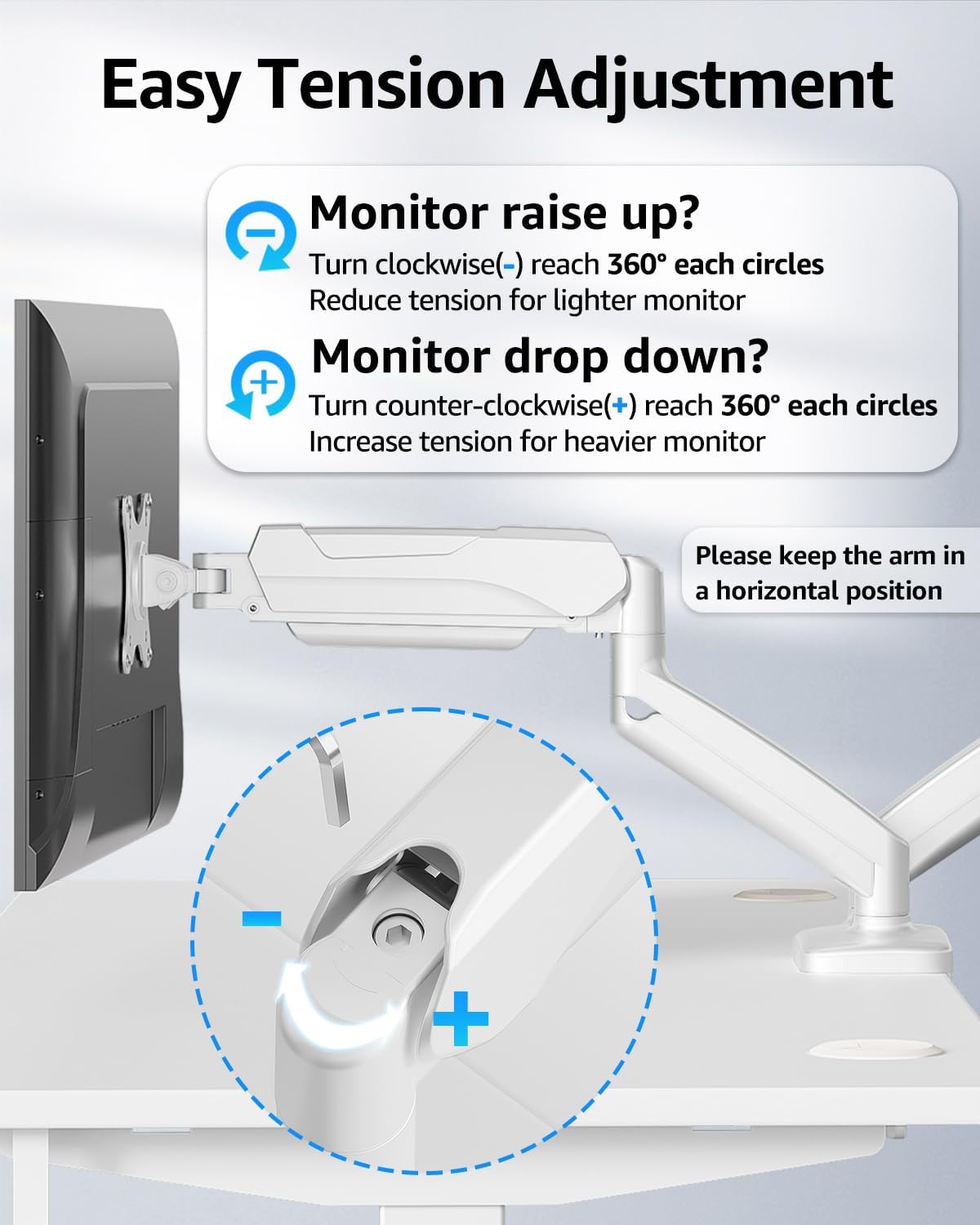 MOUNTUP Dual Monitor Stand for Desk, Pneumatic Monitor Arms for 2 Monitors Max 32 Inches, Height Adjustable Double Monitor Mount, VESA Mounts with C-Clamp & Grommet Base, Holds 4.4-17.6lbs, White