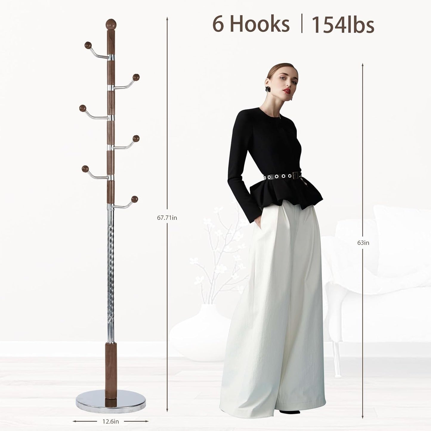 Coat Rack Freestanding, Metal Wooden Coat Tree with 6 Hooks, Heavy Duty Coat Hanger Stand with Resin and Stainless Steel Base, Free Standing Hall Tree for Scarf, Bag, Jacket (Walnut metal)