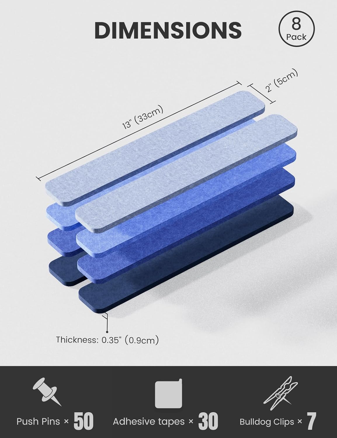 Cork Board Alternative Felt Strip Board 8-Pack 13"x2", Office Pin Board with 50 Push Pins, Adhesive Install for Bedroom Door & Home Office(Denim Mist)