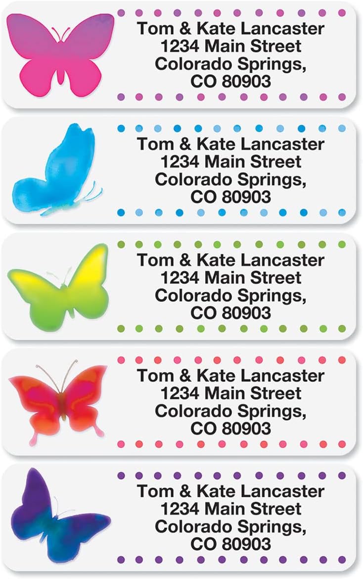 Watercolor Butterflies Rolled Personalized Return Address Mailing Labels with Dispenser, Set of 500, 5 Designs, Small ¾ x 2½ Inch Size, Custom Self-Adhesive Sticker Roll, by Colorful Images