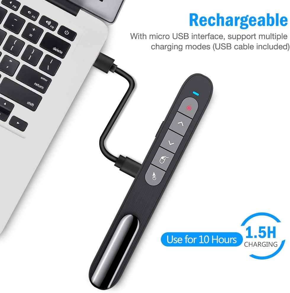 DinoFire Wireless Presenter Remote with Air Mouse, RF 2.4GZ USB Rechargeable Presentation Clicker and Pointer Powerpoint PPT Slide Clicker for Laptop/Computer/MAC