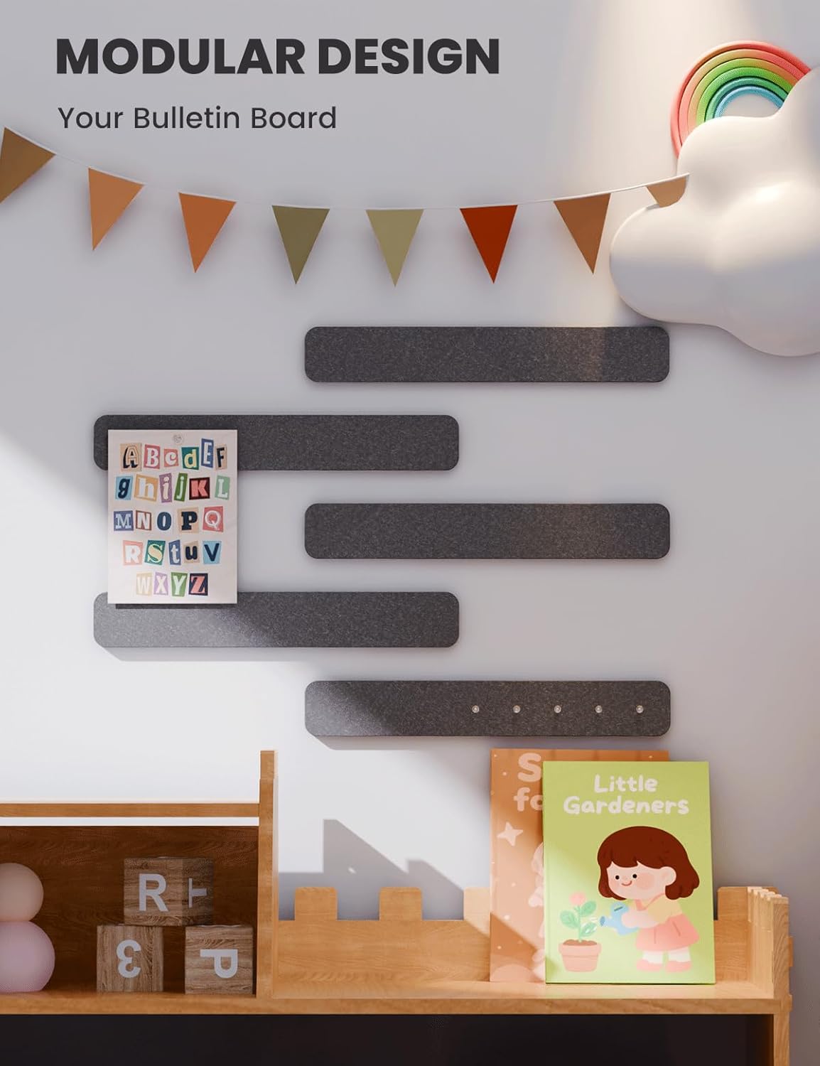 Cork Board Alternative Felt Strip Board 5-Pack 13"x2", Office Pin Board with 35 Push Pins, Adhesive Install for Bedroom Door & Home Office(Charcoal Gray)