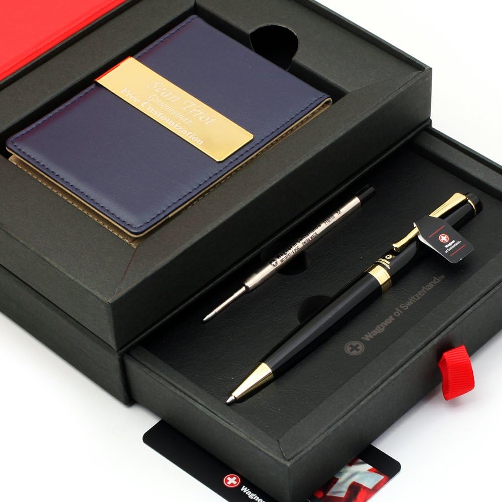 Free engraving - 24K Gold, Mens Leather Money Clips, Roller Ballpen, Ballpoint pen, Ball pen, Groomsmen Gift,Three Lines Each 20 Characters, Free Customization (NAVI)