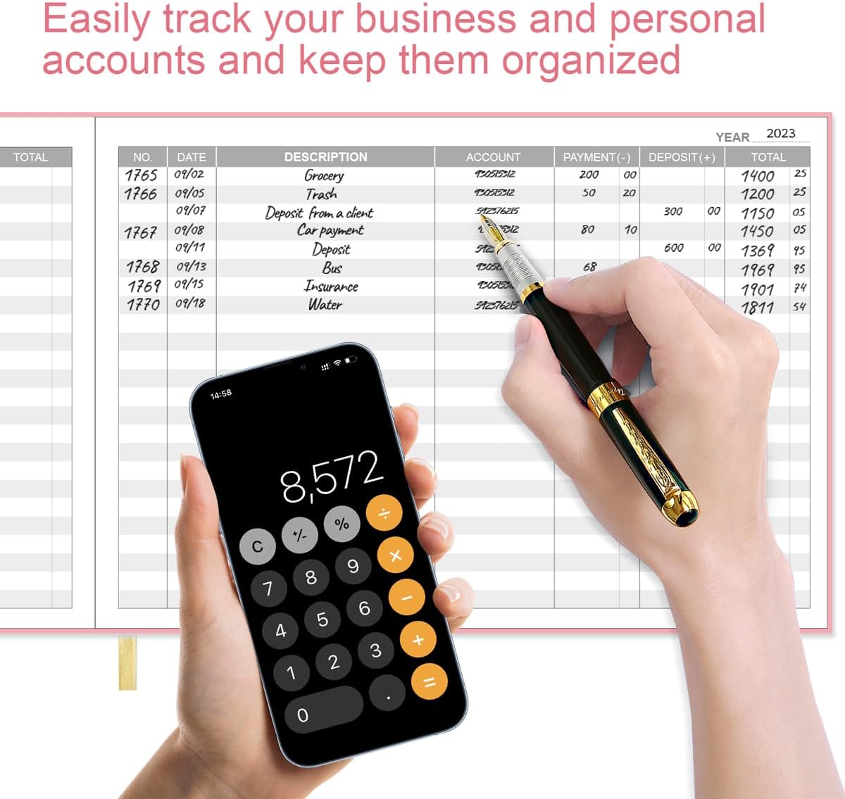 Accounting Ledger Book - Ledger Book for Small Businesses Bookkeeping & Personal Use, Expense Tracker Notebook for Tracking Money, Expenses, Deposits & Balance, 7" x 10", Pink