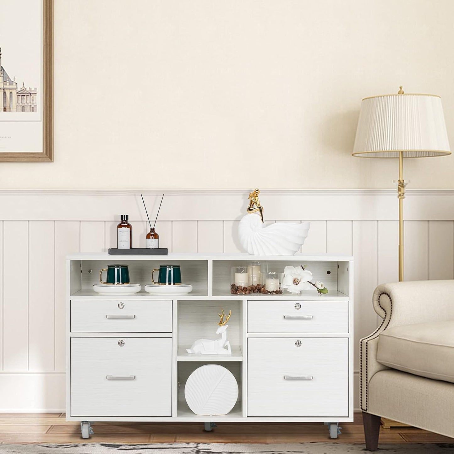 VINGLI Wood Mobile File Cabinet with 4 Drawers and Shelves, Printer Stand with Open Storage, Lockable Lateral Filing Cabinet for Home Office, Assembly Required, Light Beige Close to White