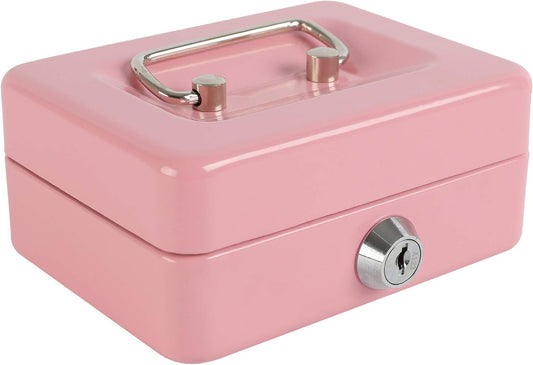 xydled Locking Steel Mini Cash Box with Removable Coin Tray and Key Lock for Kids, 4.92" x 3.74" x 2.36",Pink