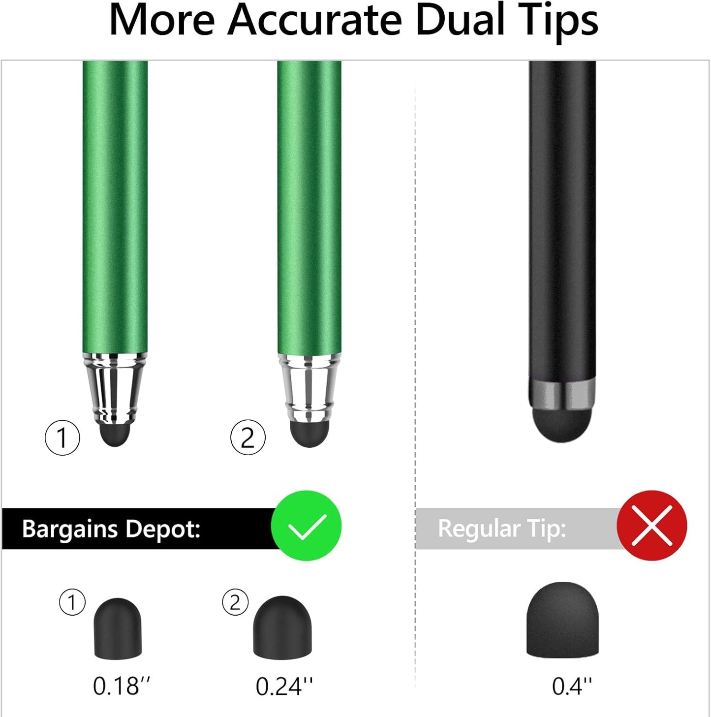 Stylus Pens for Touch Screens, Bargains Depot (2 Pcs) 2-in-1 Stylus Pens for iPhone, iPad, Samsung Galaxy, Tablet with 20 Replacement Rubber Tips -Purple/Green