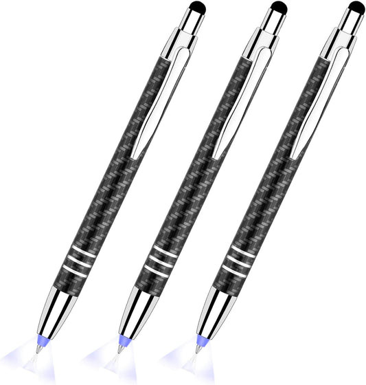 Glovion Lighted Tip Pen With Stylus 3-in-1 - LED Penlight Ballpoint Pen for Writing in the Dark - Pack of 3 - Blue Light - GL006