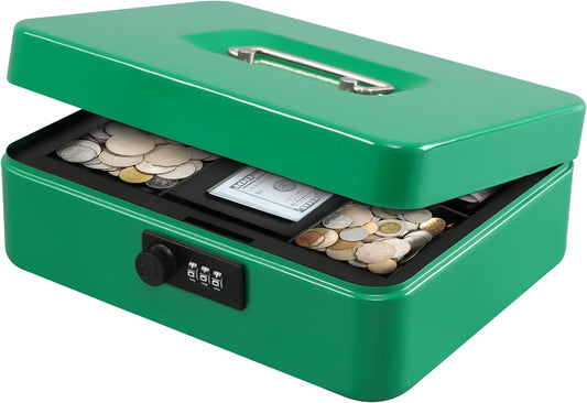 KYODOLED Large Cash Box with Combination Lock,Safe Metal Box for Money, Storage Lock Box with Money Tray,9.84"x 7.87"x 3.54" Green Large