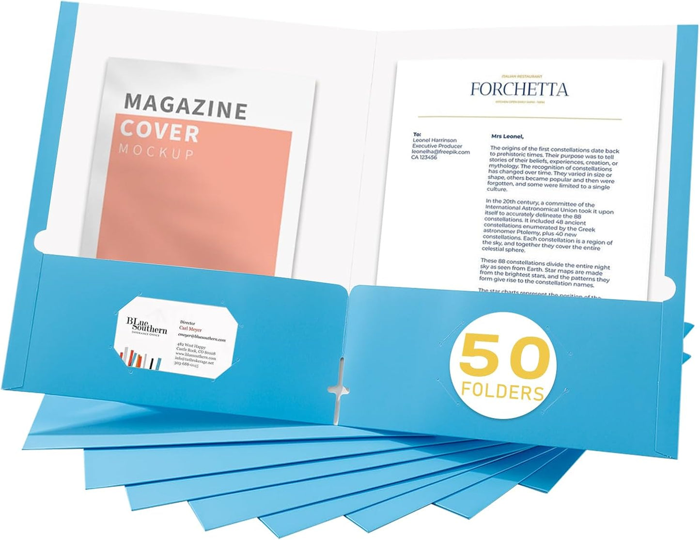 Zzrywuty File Folders with Pockets Letter Size, 50-Pack Paper Folders with Card Slot, Two Pocket Folders for School Students, Businessmen, Home and Office Workers（Light Blue）