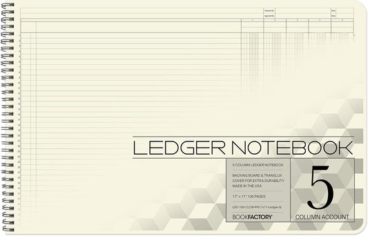 BookFactory Accounting Ledger Notebook/Large 5 Column Accounting Ledger Columnar (Five Columns) Log Book - 17'' x 11'', 100 Pages, Wire-O Landscape Format (LED-100-CLCW-PP(17x11-Ledger-5)-AX)