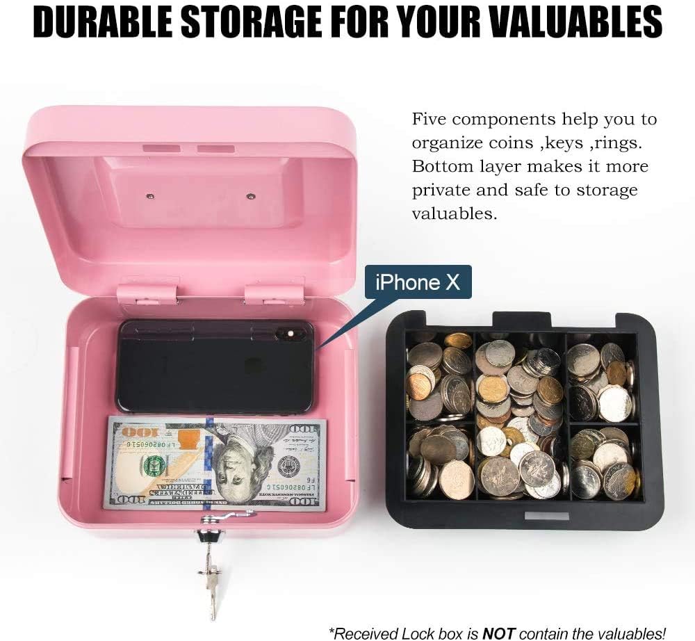 xydled Locking Steel Large Cash Box with Removable Coin Tray and Key Lock,9.84"x 7.87"x 3.54",Pink